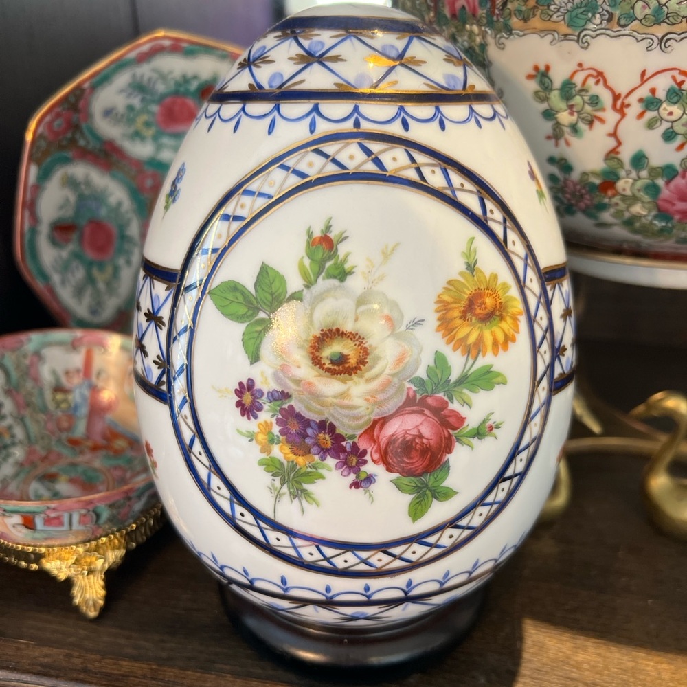Floral Chinoiserie Porcelain Egg 9”